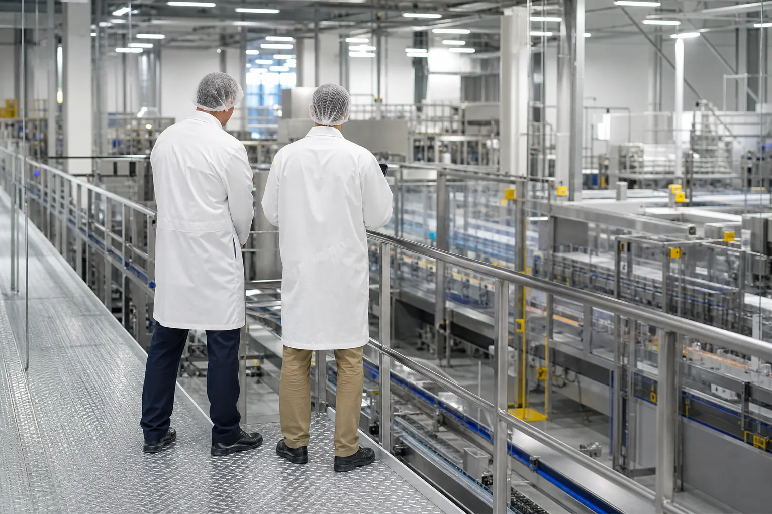 Technicians observing an automated production line during commissioning
