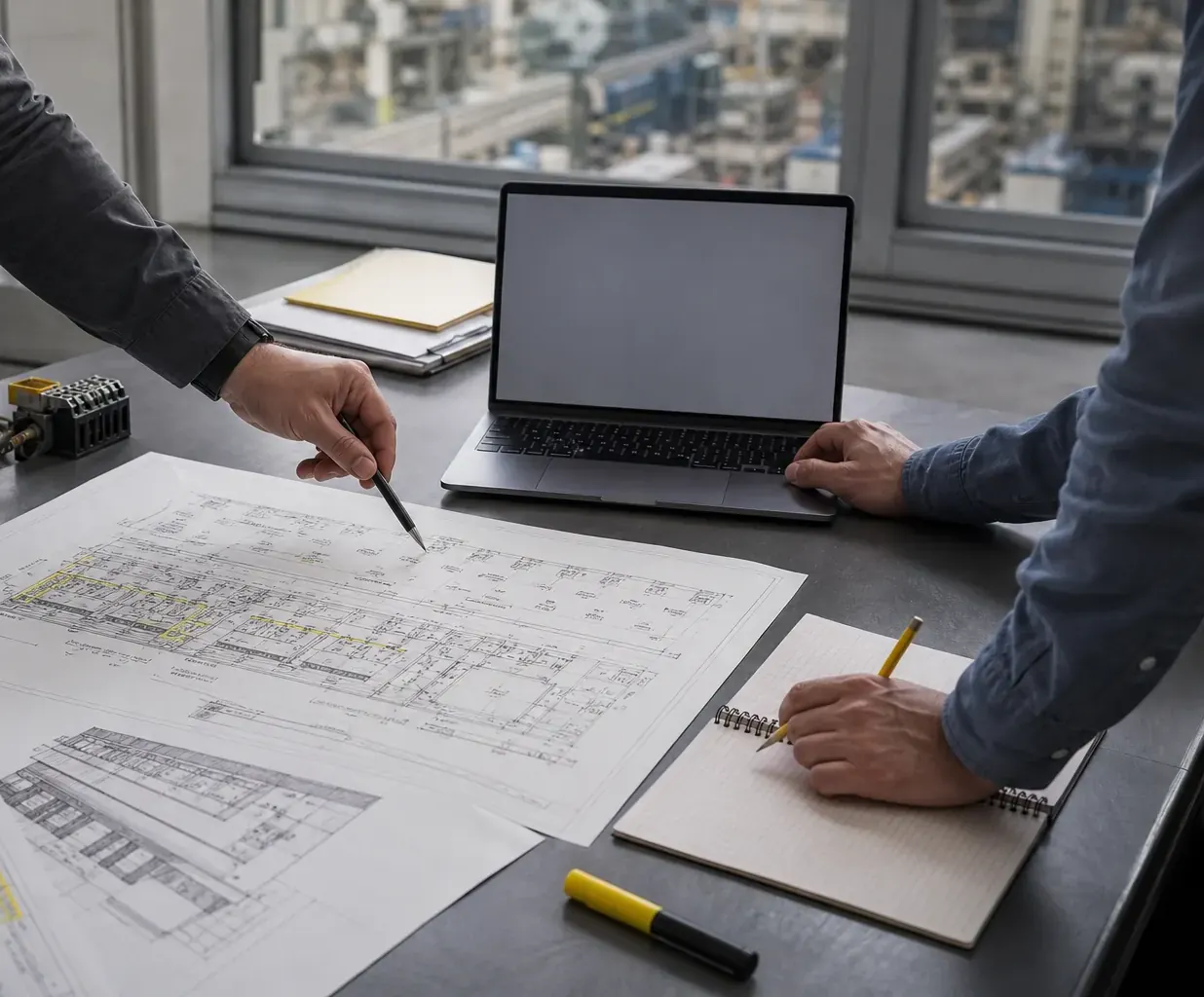 Engineers coordinating an automation retrofit with electrical drawings