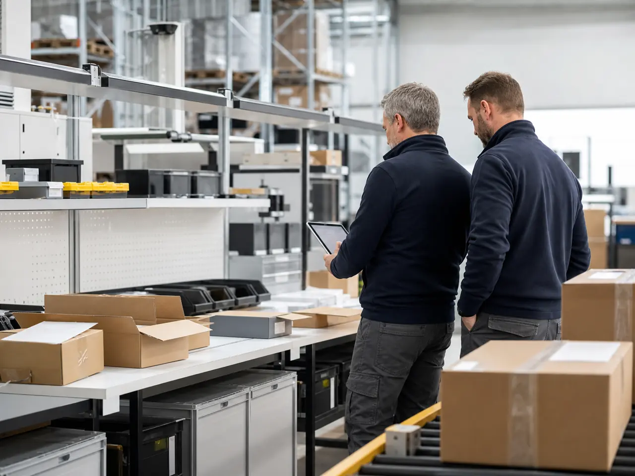 Industrial supply specialists coordinating an automation parts dispatch